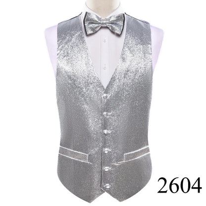 Mens Vest Gold Silver Black Red Pink Blue Green Yellow Solid Solid V-Neck Waistcoat Bowtie Set Barry Wang
