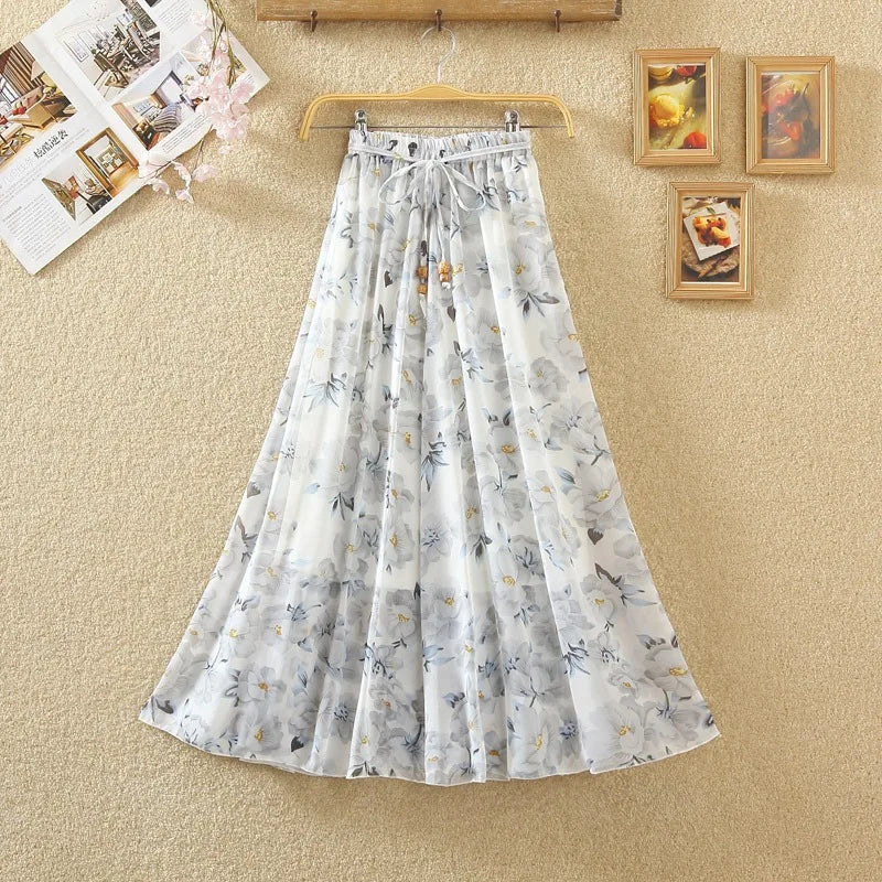 Elegant Chiffon Long Skirts For Women Autumn Casual Women's Floral Print Maxi Skirt Female High Waist Elastic A-Line Skirts