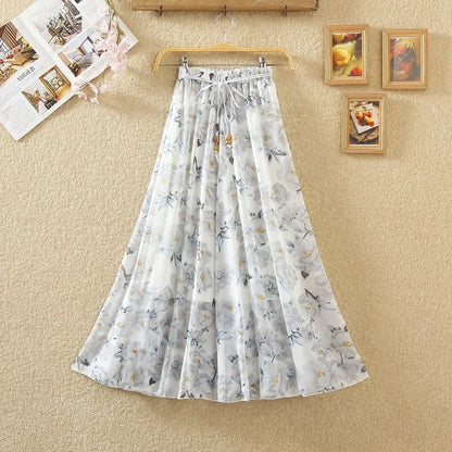 Elegant Chiffon Long Skirts For Women Autumn Casual Women's Floral Print Maxi Skirt Female High Waist Elastic A-Line Skirts