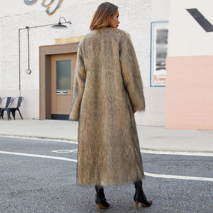 Winter Faux Fur Long Coat For Women Warm Plush Jackets Casual Open Front Long Sleeve Outerwear Elegant High End Ladies Windbreak