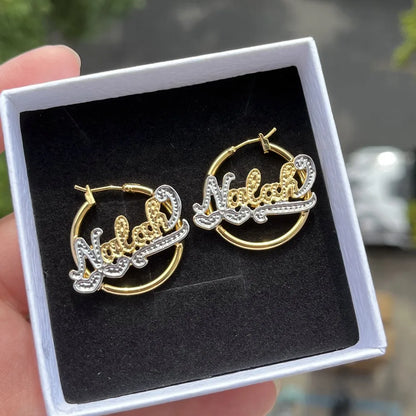 DUOYING Custom Name Hoop Earring Personalized 25mm Nameplate Double Color Earring With Heart Jewelry For Kids