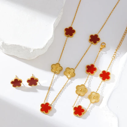 Stainless Steel White Plum Blossom Plant Leaf Flower Set Reversible Necklace Earrings Bracelet Women Clover Jewelry