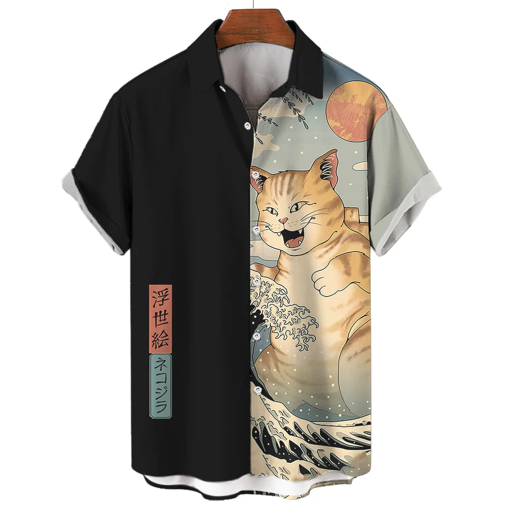 Casual Hawaiian Shirt Man Japanese Bushido 3d Pattern Shirt Men's Shirts Cartoon Animal Cat 3d Printing Men's Shirt Men Clothing
