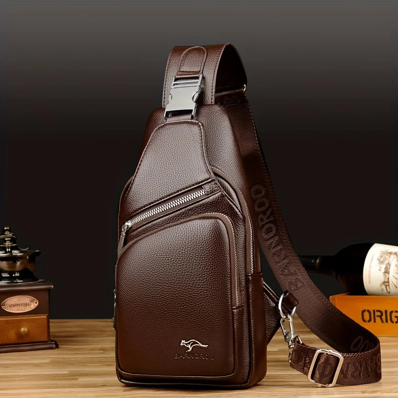 Men’s Vintage PU Leather Sling Bag – Large Capacity Crossbody Chest Bag with Multi-Pockets, Secure Buckle Closure – Stylish Comm
