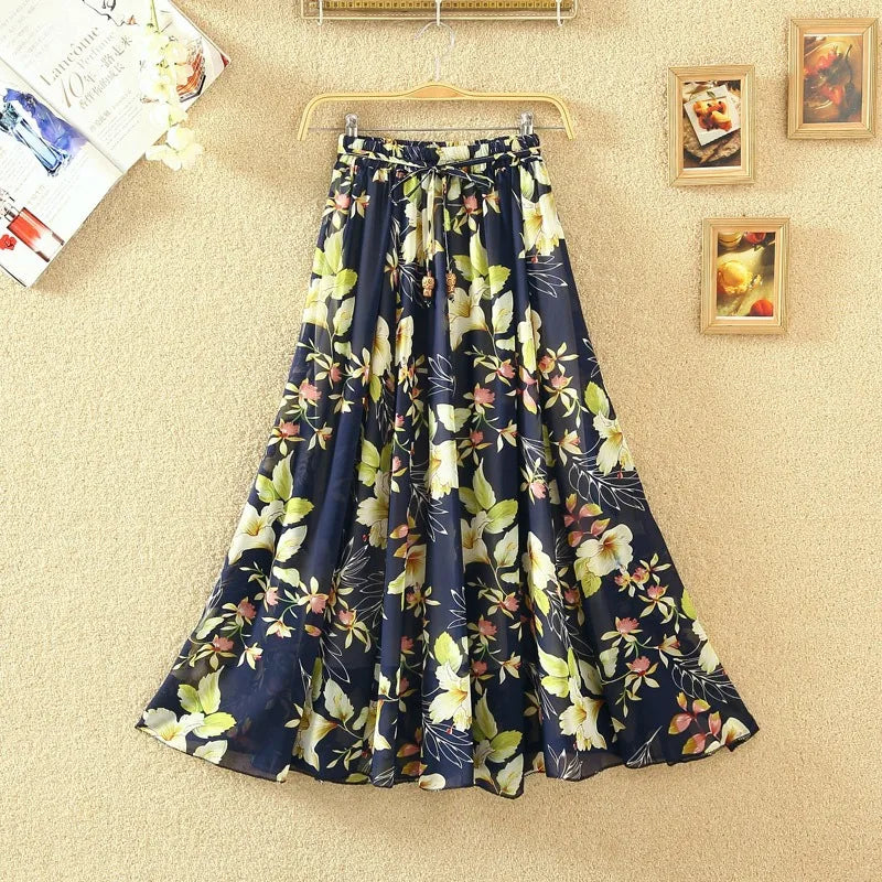 Elegant Chiffon Long Skirts For Women Autumn Casual Women's Floral Print Maxi Skirt Female High Waist Elastic A-Line Skirts