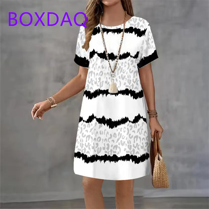 Geometric Stripe Printing Dress For Women Summer Sundress Loose Casual Short Sleeve O-Neck A-Line Dress Women Beach Mini Dresses