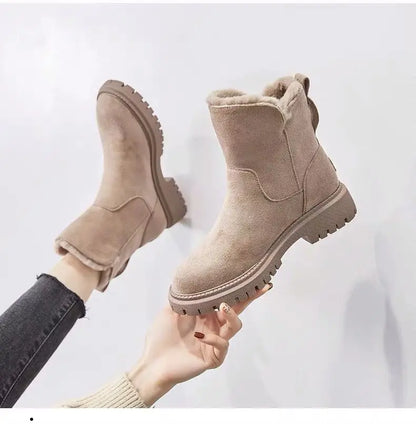 2026 New Winter Women's Snow Boots Trendy Mid Top Plush Thickened Warm Cotton Shoes Leather Wool Integrated Winter Women's Boots