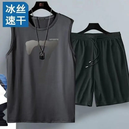 Summer men's clothing sleeveless basketball suit street casual sportwear 2 piece breathable short sleeve Tshirt + jogging shorts