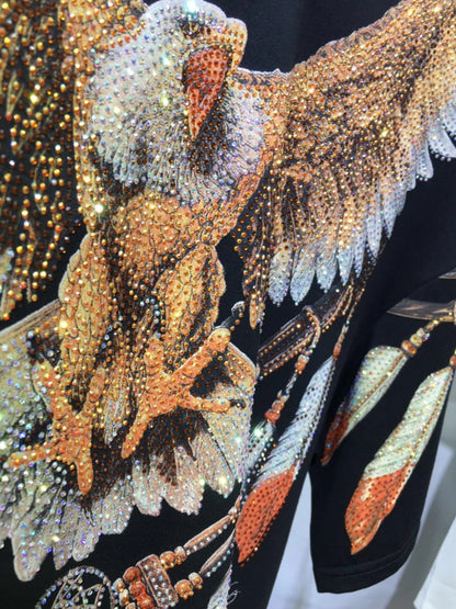 Plus Size Graphic Tees for Women Eagle Rhinestone Printed Tops Loose Fit T Shirts Short Sleeve Oversized Streetwear