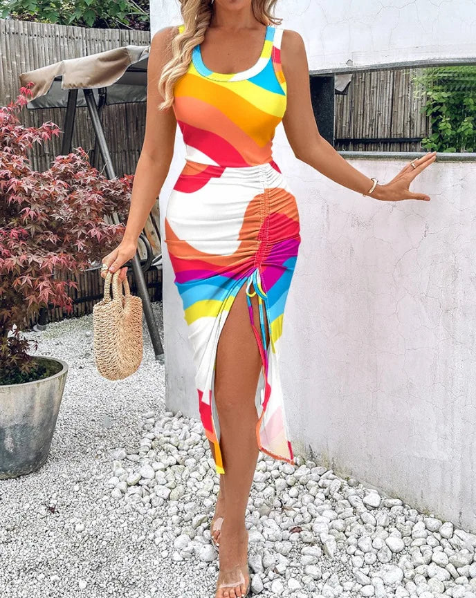 Fashion Summer Waist Closing Sexy Split Mid Length Tank Top Vestidos Elegant Ladies Gradient Stripe Sleeveless Round Neck Dress