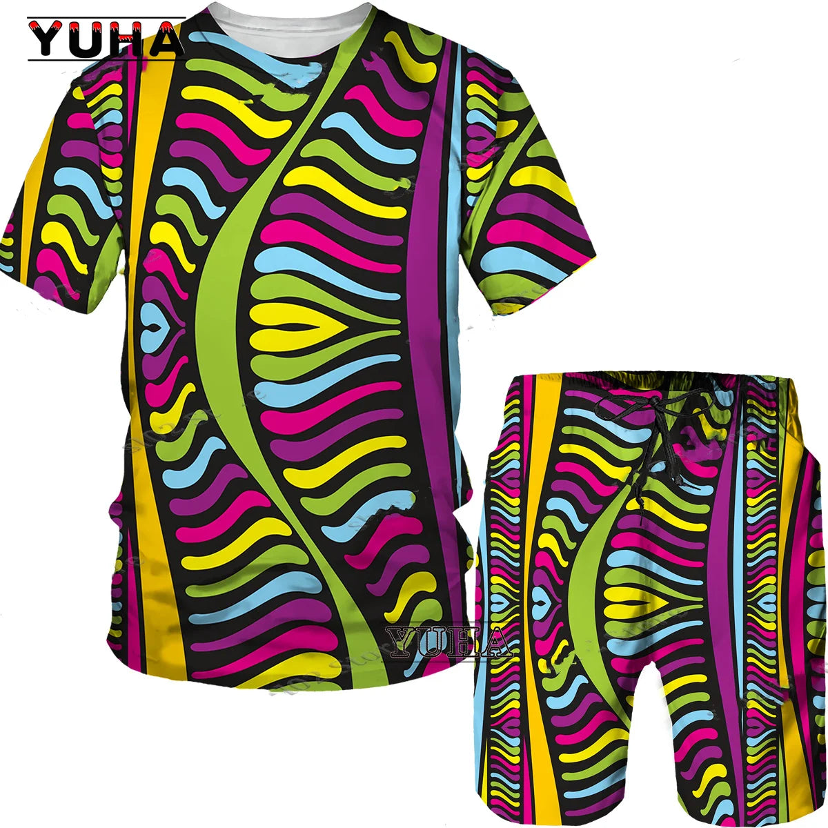 YUHA,3D Printed Men T-shirt Shorts Set 2pc Hip Hop Style Short Sleeve O-neck Summer African Folk-custom Pattern Men's Clothing S