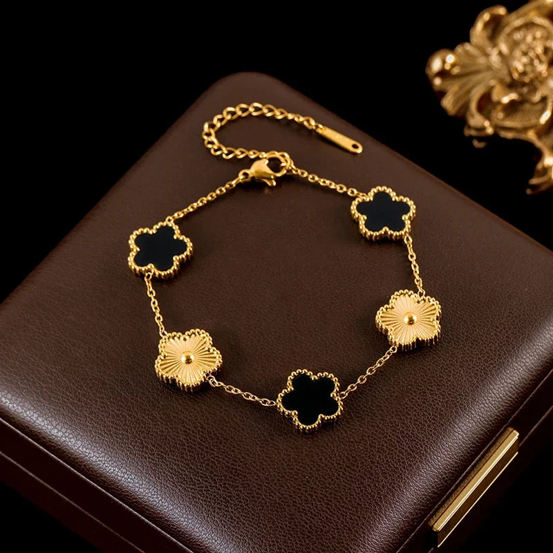 Stainless Steel White Plum Blossom Plant Leaf Flower Set Reversible Necklace Earrings Bracelet Women Clover Jewelry