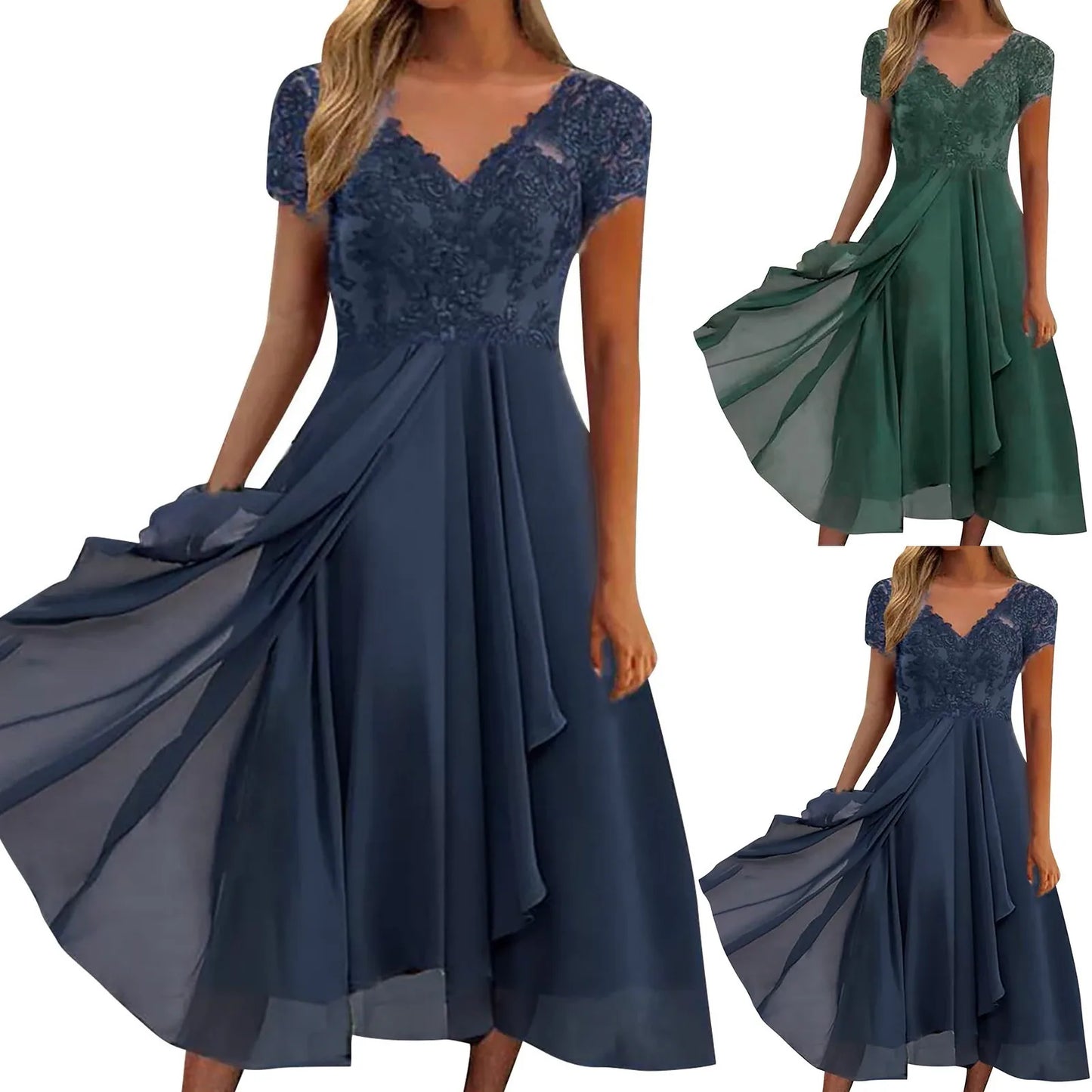 Women's Chiffon Long Dresses A Line V Neck Lace Panel Hollow Prom Dresses Ladies Bridesmaid Evening Dresses Short Sleeve Dress