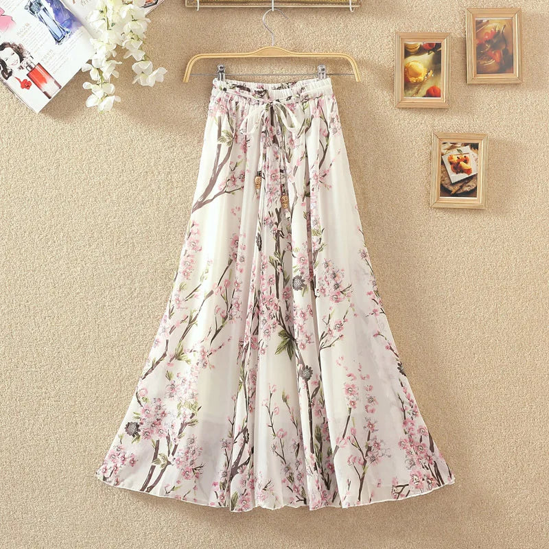 Elegant Chiffon Long Skirts For Women Autumn Casual Women's Floral Print Maxi Skirt Female High Waist Elastic A-Line Skirts
