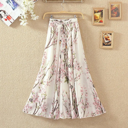 Elegant Chiffon Long Skirts For Women Autumn Casual Women's Floral Print Maxi Skirt Female High Waist Elastic A-Line Skirts