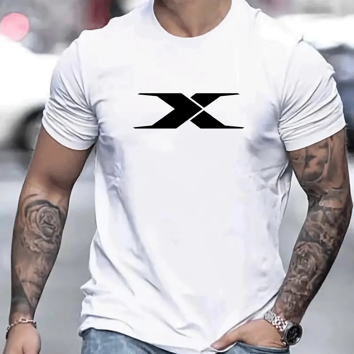 Summer men's 100% cotton casual loose fit large X letter print round neck short sleeved T-shirt top High Street Unisex style