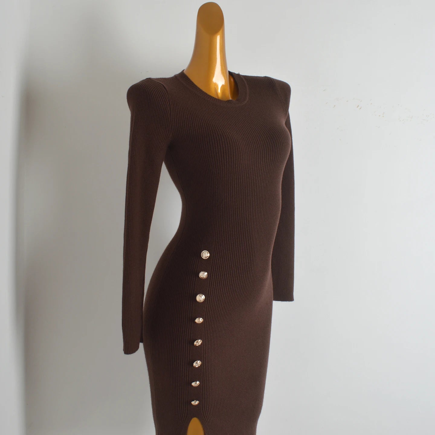 Spring Autumn Knitted Elastic Waist Dress Coat Design Button round Neck Bodycon Skirt Casual Style Long Sleeve Women's Dress