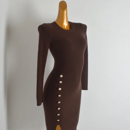 Spring Autumn Knitted Elastic Waist Dress Coat Design Button round Neck Bodycon Skirt Casual Style Long Sleeve Women's Dress