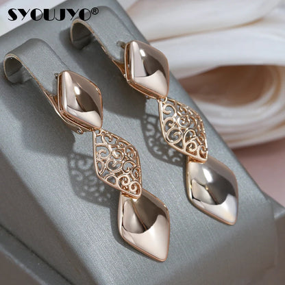 Glossy Long Dangle Earrings For Women SYOUJYO 585 Rose Gold Color English Buttons Luxury Bride Wedding Fine Jewelry Gift