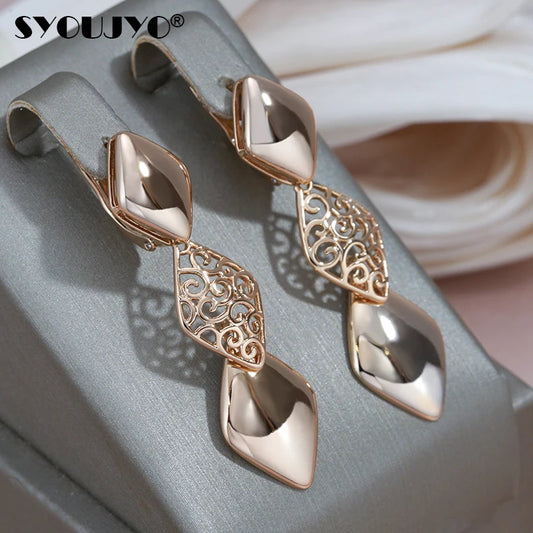 Glossy Long Dangle Earrings For Women SYOUJYO 585 Rose Gold Color English Buttons Luxury Bride Wedding Fine Jewelry Gift