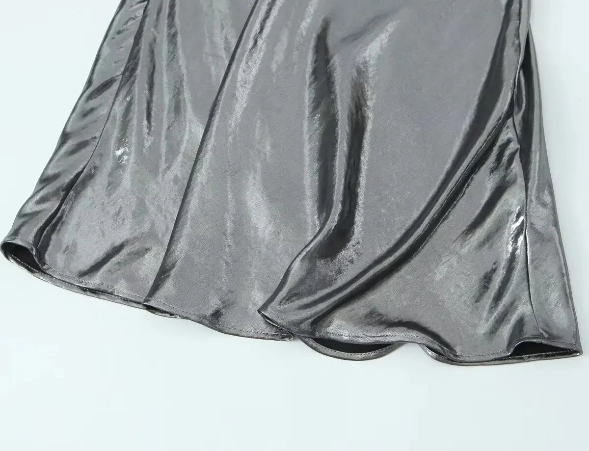 Summer Women Shinning Metallic Color Sling Mini Dress Female Chic Pleat Design Casual Slim Party Vestidos DS5000