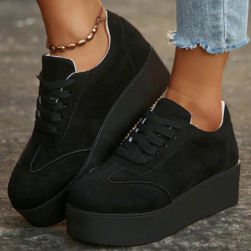 Plus Size Chunky Heel Sneakers Women Spring Autumn Lace Up Black Sneakers Woman Faux Suede Platform Vulcanize Shoes Female