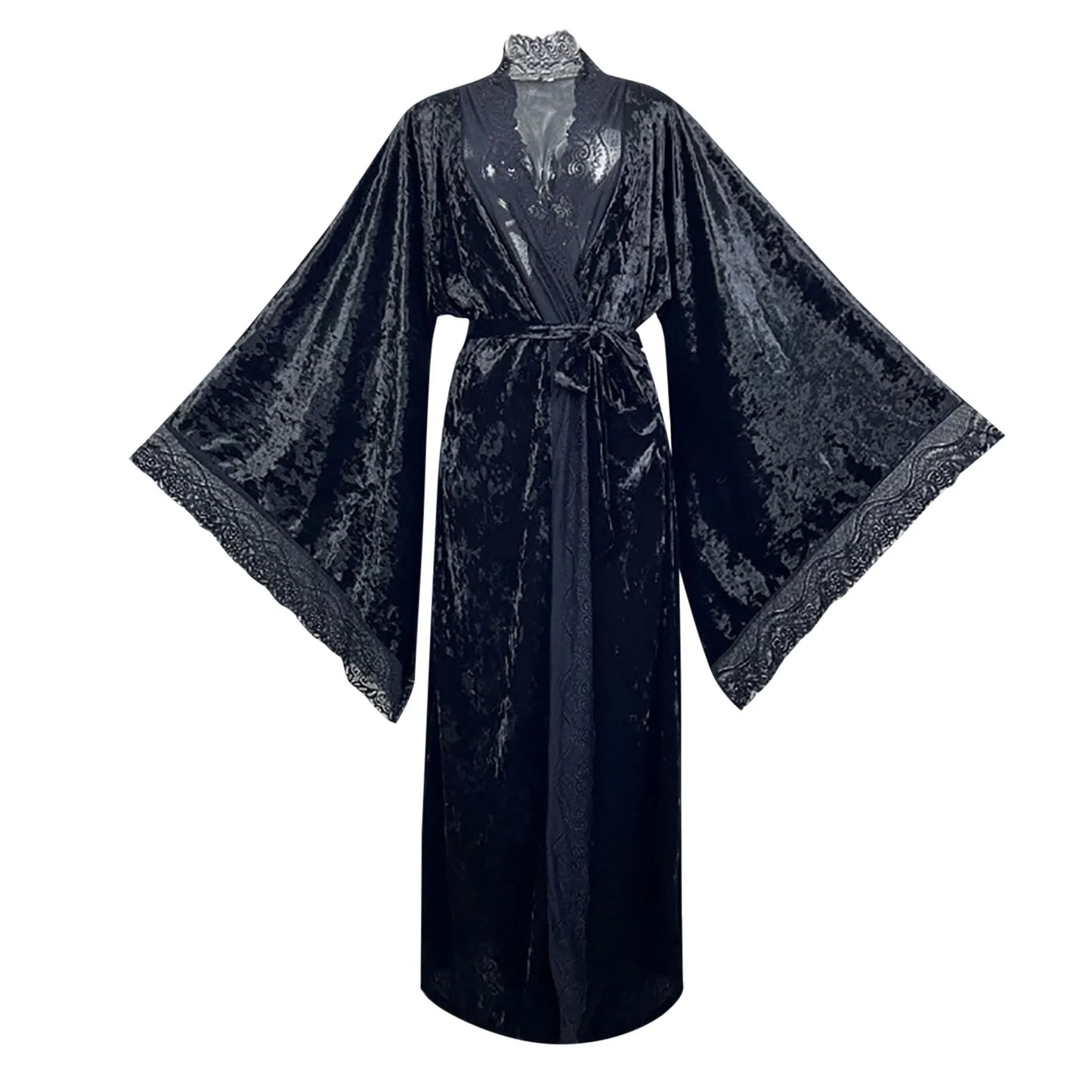 Women's Lace Velvet Bathrobe Breathable Nightgown Kimono Home Clothes Flare Sleeve Night Long Robe Female Sleepwear Homewear