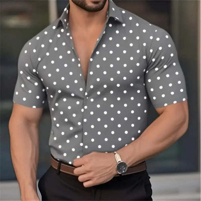 New Men's Short Sleeve Button Shirt Polka Dot Lapel Fashion Design Casual Lightweight Breathable Comfortable Outdoor Men Clothes