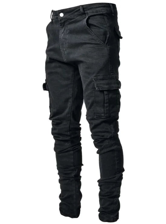 Men's workwear multi pocket jeans, casual street style straight leg denim pants