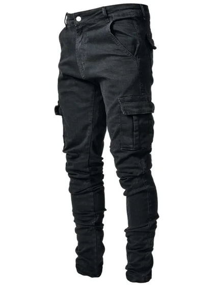 Men's workwear multi pocket jeans, casual street style straight leg denim pants