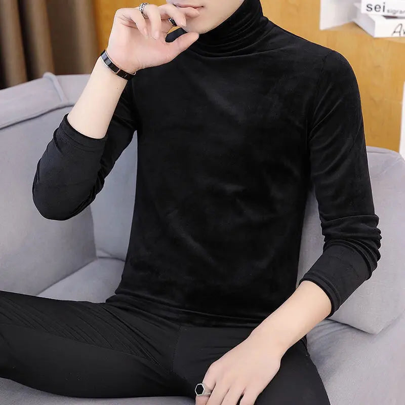 Fashion Men's Autumn Winter Luxury Clothing Heat Keep Warm Casual T-Shirt Mock Neck Tops Stripe Long Sleeve Gold Velvet T-Shirts