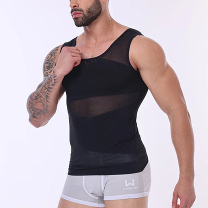 Men's Cross Mesh Vest Compression Shirts Breathable Sleeveless Tank Top Shapewear Fajas Slimming Tummy Control Body Shaper