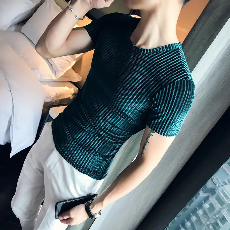 Fashion Men's Autumn Winter Luxury Clothing Heat Keep Warm Casual T-Shirt Mock Neck Tops Stripe Long Sleeve Gold Velvet T-Shirts