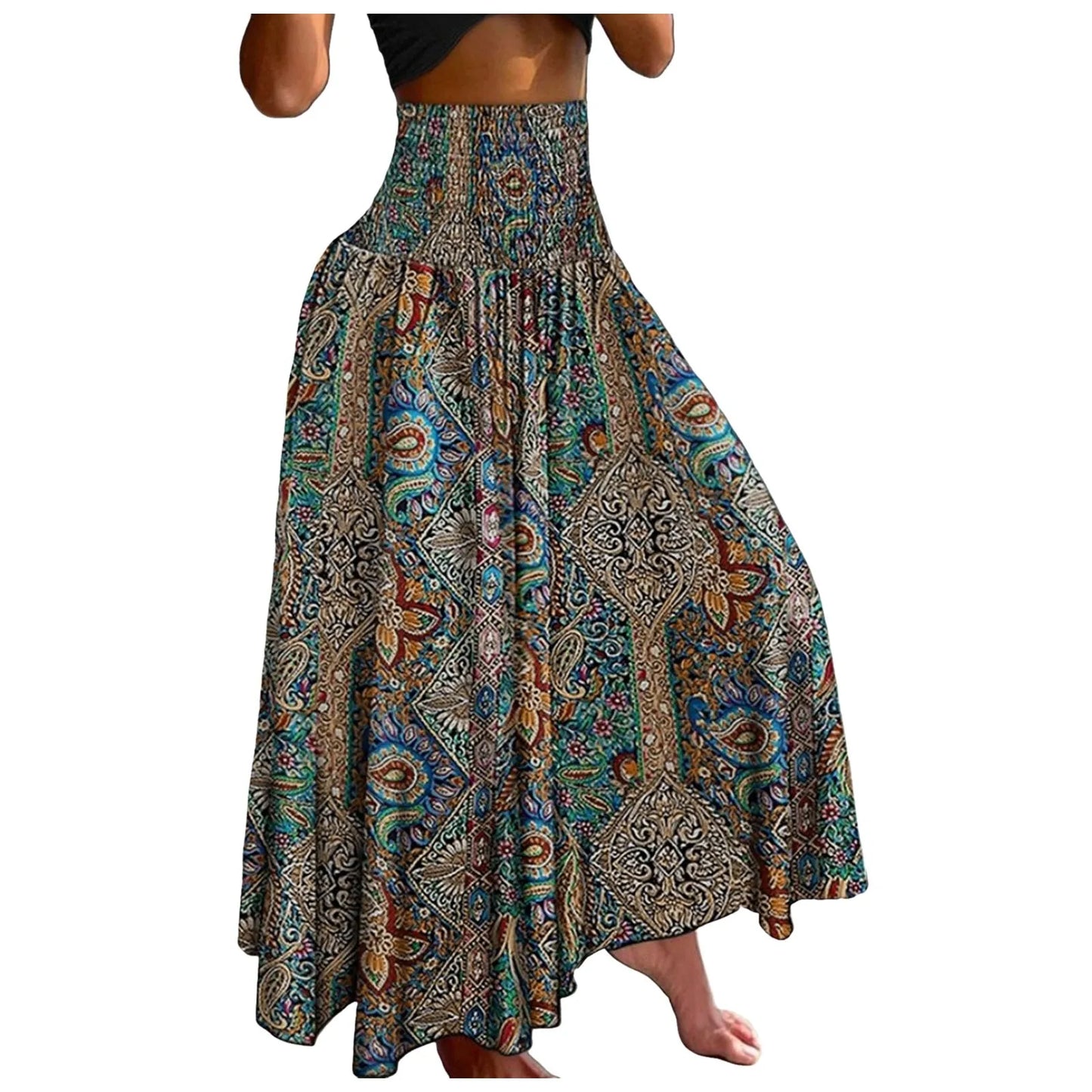 Women Vintage Floral Print Boho Skirt 2024 Summer Casual Loose Pleated Long Skirt Elegant Female High Elastic Waist Maxi Skirts