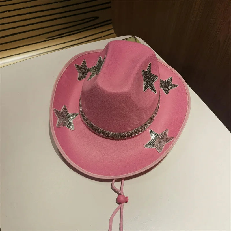 Women Glitter Cowboy Hat with Sequin Stars and Wide Brim Stylish Western Beach Hat for Wedding Carnival Rave Party and