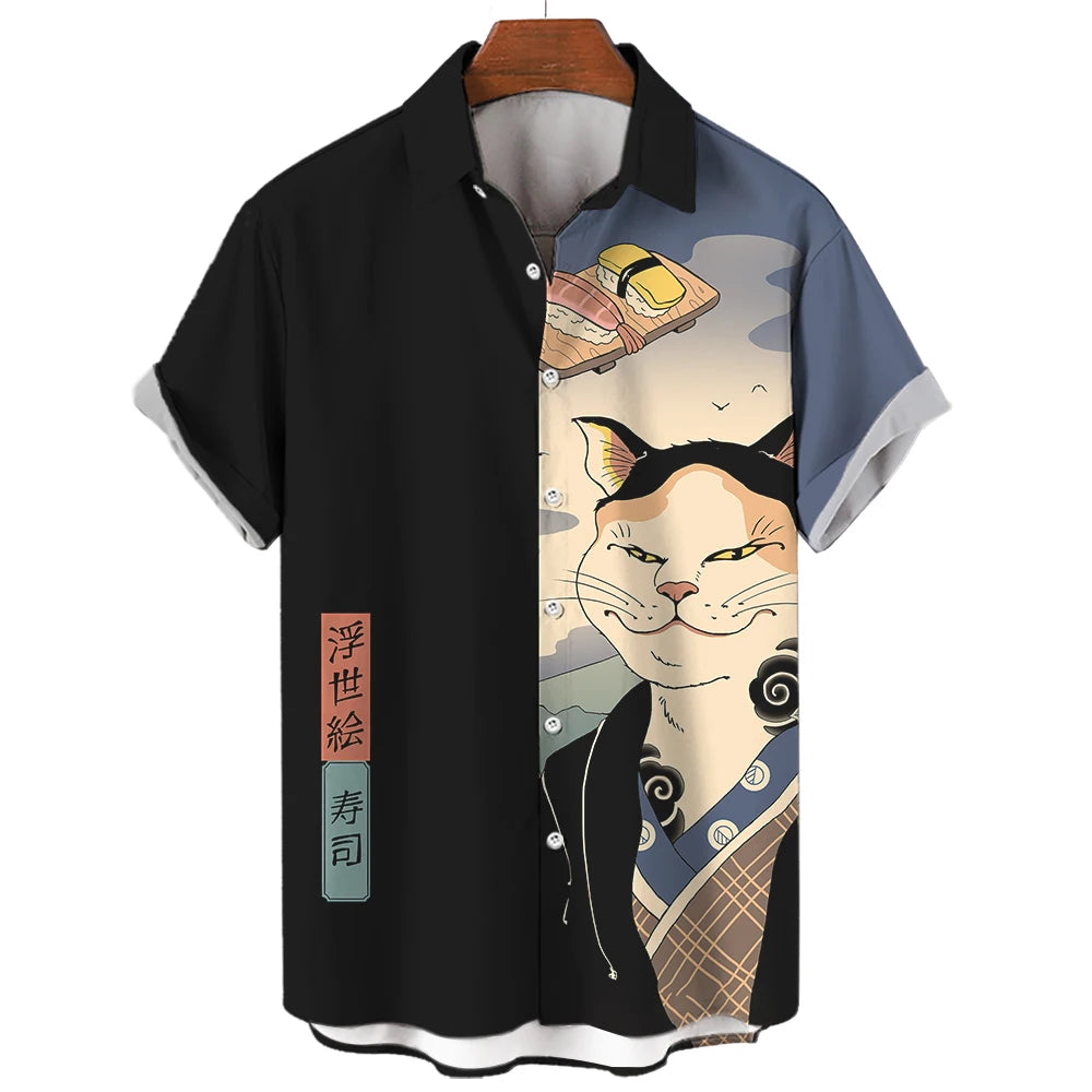 Casual Hawaiian Shirt Man Japanese Bushido 3d Pattern Shirt Men's Shirts Cartoon Animal Cat 3d Printing Men's Shirt Men Clothing
