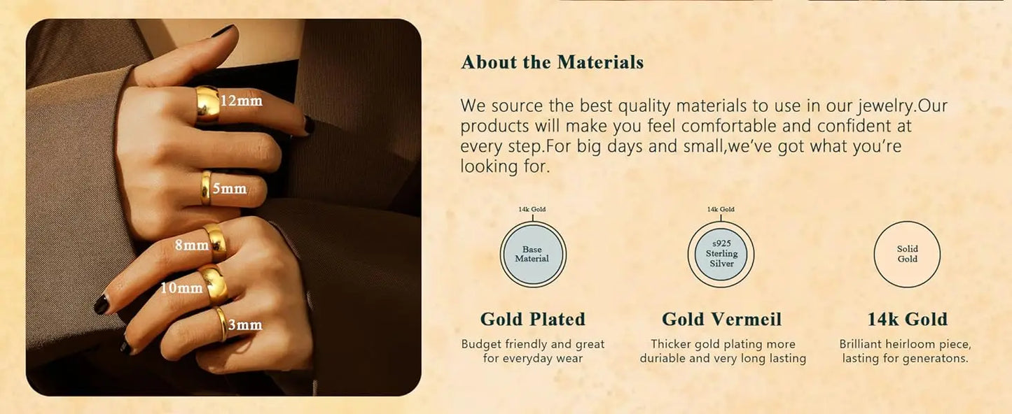 14K Gold Plated Ring for Women Men Thick Thin Pinky Thumb Ring Wedding Band Ring Non Tarnish Plain Domed Comfort Fit Size 6 -10