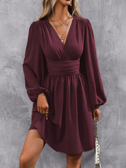 2025 Asymmetric Neck Lantern Sleeve Dress Women Winter Knit Dress with Waist Shirring Bodycon Long Maxi Dress