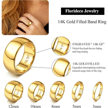 14K Gold Plated Ring for Women Men Thick Thin Pinky Thumb Ring Wedding Band Ring Non Tarnish Plain Domed Comfort Fit Size 6 -10
