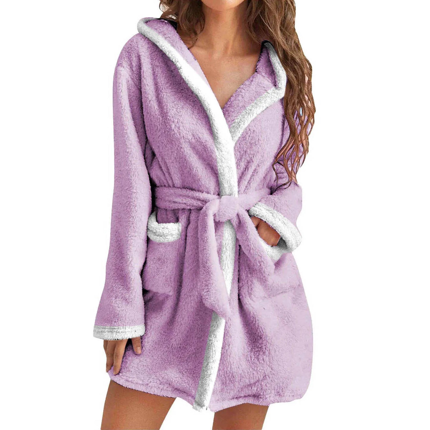 Women Coral Fleece Bathrobe Autumn And Winter Home Warm Sleepwear Casual Solid Color Matching Shower Robes Hooded Kimono Robe