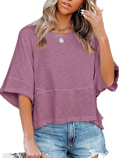 Women's Summer New Crewneck Batwing Half Sleeve Tops Solid Color Loose Fit Cute Flowy Tee Shirts Casual Dressy Cropped Blouse