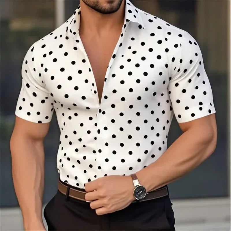 New Men's Short Sleeve Button Shirt Polka Dot Lapel Fashion Design Casual Lightweight Breathable Comfortable Outdoor Men Clothes
