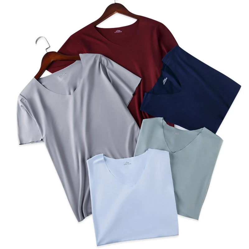 2024 Men's Thin Short Sleeve Without Summer Solid Color T shirt Trace Slim V-neck Bottoming Seamless short sleeve