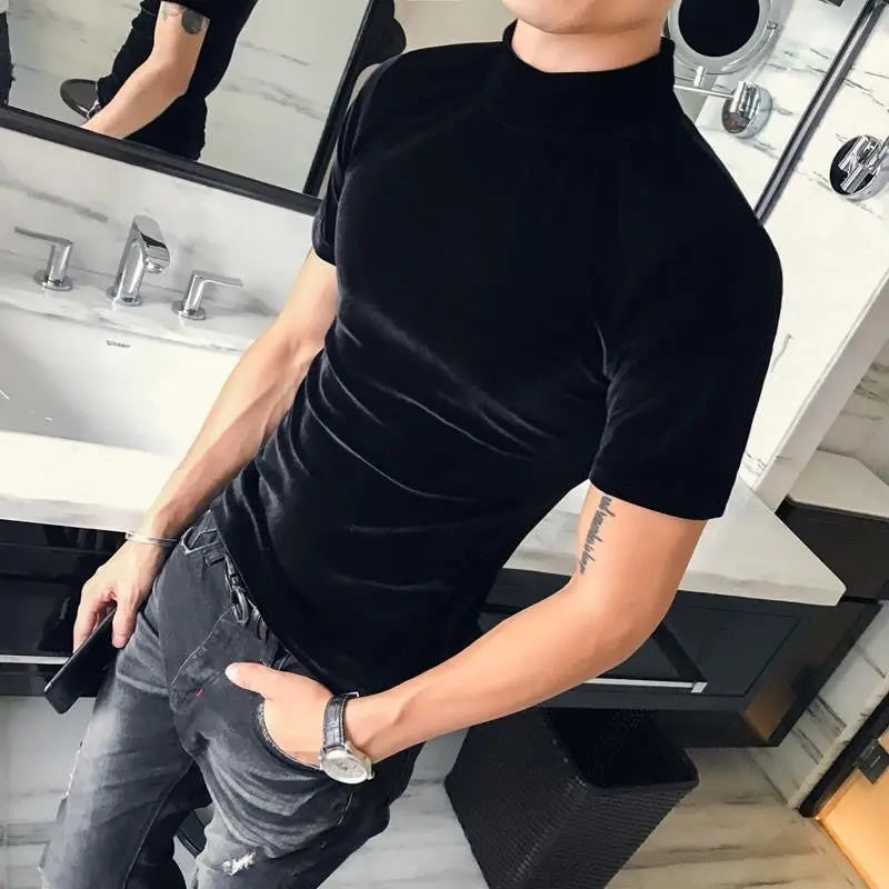 Fashion Men's Autumn Winter Luxury Clothing Heat Keep Warm Casual T-Shirt Mock Neck Tops Stripe Long Sleeve Gold Velvet T-Shirts