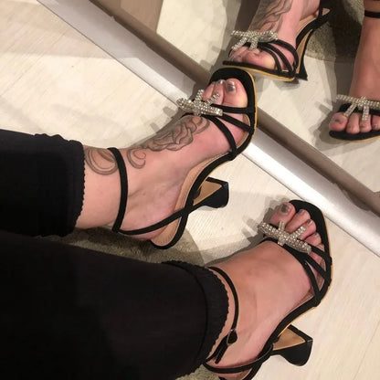 Ultra-high Heel Women's Sandals Fashion Square Toe Design High-heeled Sandal Luxury Rhinestone Bow High-heeled Sandals for Women