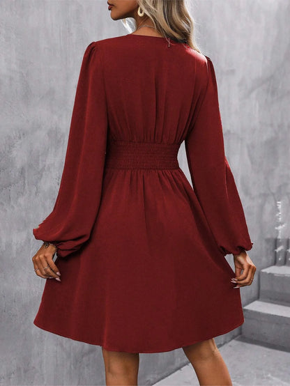 2025 Asymmetric Neck Lantern Sleeve Dress Women Winter Knit Dress with Waist Shirring Bodycon Long Maxi Dress