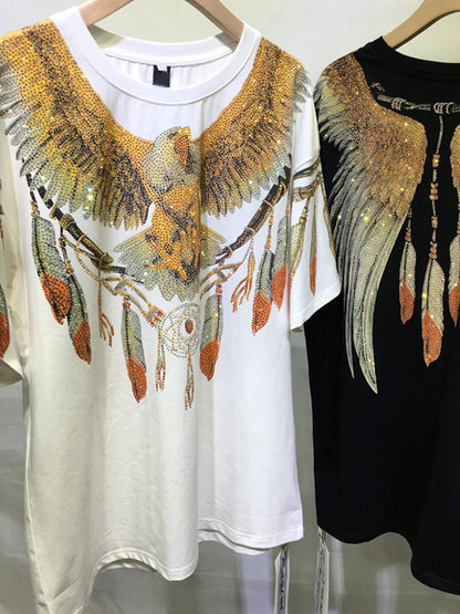 Plus Size Graphic Tees for Women Eagle Rhinestone Printed Tops Loose Fit T Shirts Short Sleeve Oversized Streetwear