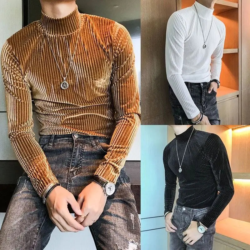 Fashion Men's Autumn Winter Luxury Clothing Heat Keep Warm Casual T-Shirt Mock Neck Tops Stripe Long Sleeve Gold Velvet T-Shirts