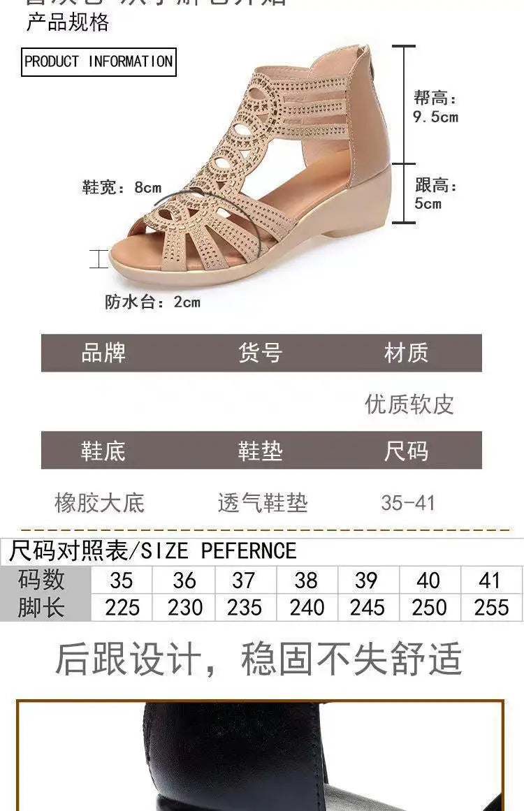 Real Soft Leather Roman Sandals Women's Chunky Heel Mom Shoes Fashion Outerwear Women's Sandals Wedge Women's Shoes 2023