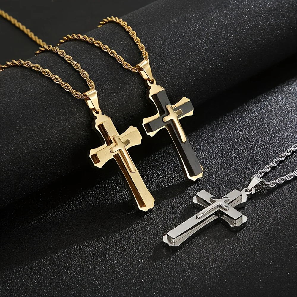 14K Gold Plated Men's Three-Layer Cross Necklace Hip Hop European Style Trendy Accessory Pendant Daily Jewelry Accessories USA